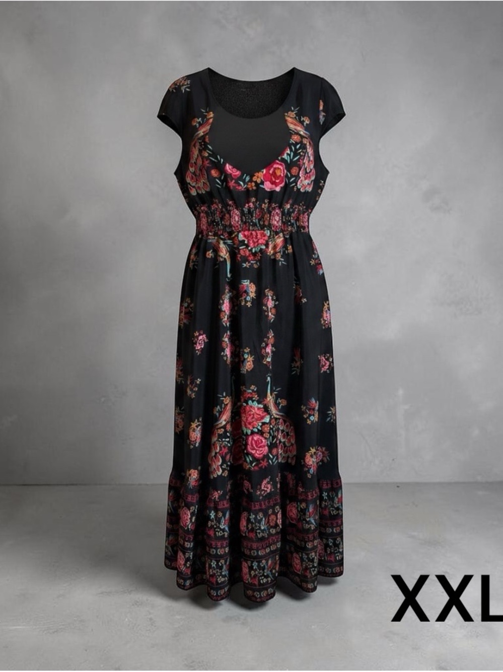 Black Floral Maxi Dress with Smocked Waist